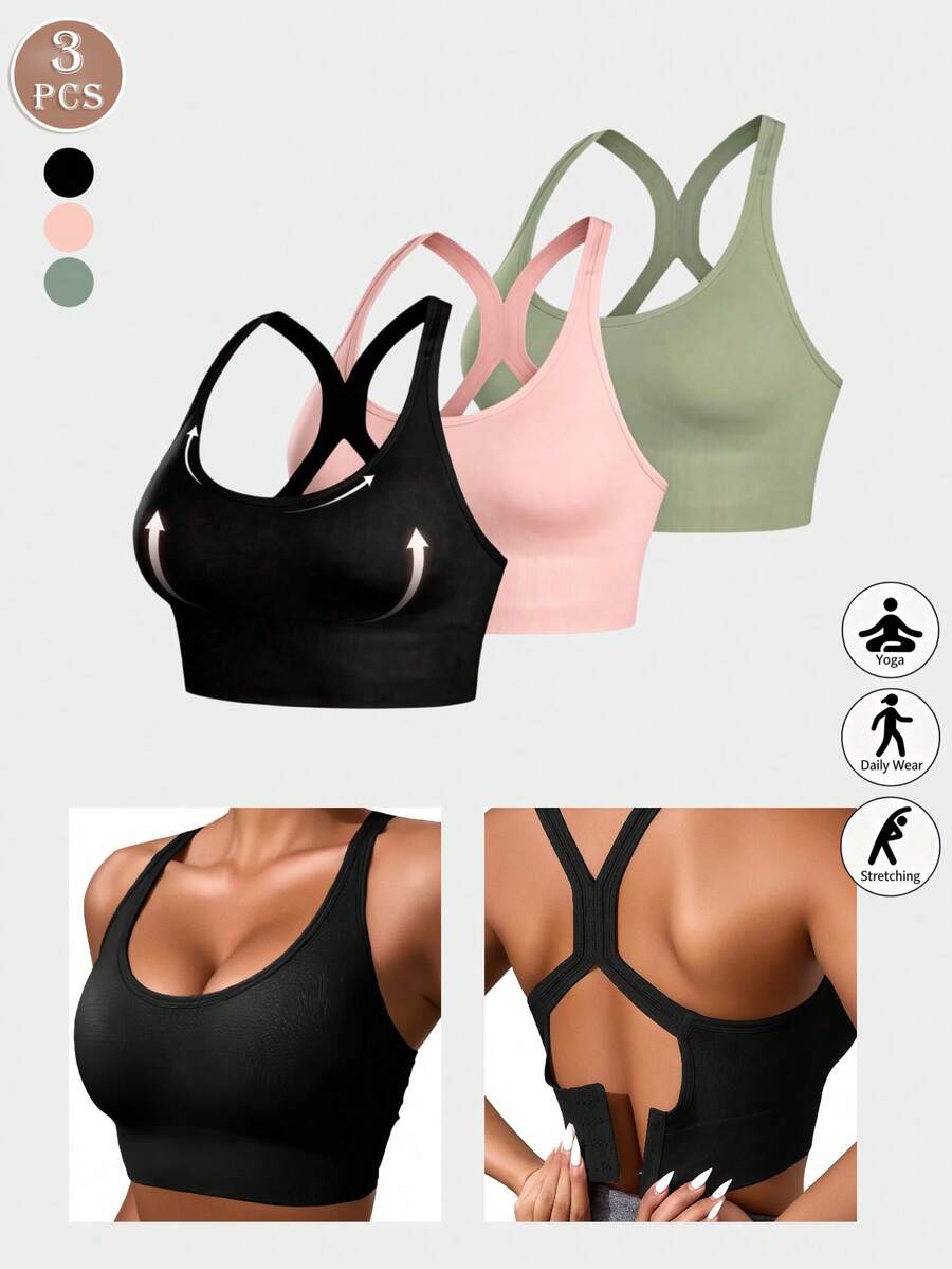 3Pcs Seamless Shock-Absorbing Sports Bra, X-Back Wireless High Support, Lightweight Breathable Running Workout Tank Top - Multicolor - View 1