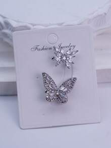 1pc Exquisite Double-Layer Hollow Butterfly Rhinestone Ear Clip, Niche Design Silver Earrings, Elegant Office Wear - Silver - View 3
