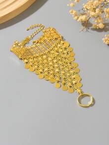 1pc Women's Bracelet With Ring, Hollow Multilayer Tassel Hand Chain, Exotic Style Stage Performance Accessory - Gold - View 3