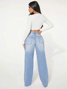 Single Button Cut Out Ripped Frayed Wide Leg Jeans QNWC - Light Wash 2 - View 6