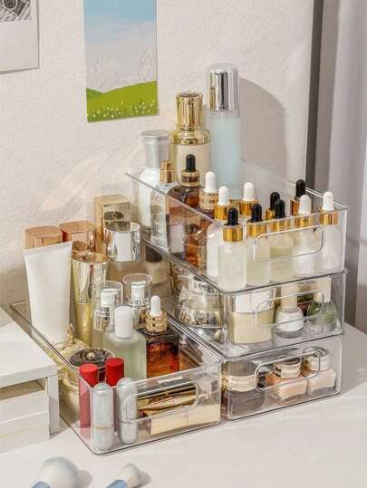 3pcs/1pc Stackable Transparent Stationery Storage Box, Women's Beauty Storage Organizer BoxLarge Capacity Desktop Organizer, Multi-Functional Storage Box, Suitable For Storing Cosmetics, Stationery, Notes And Other Miscellaneous Items. Applicable For Home, School And Office.