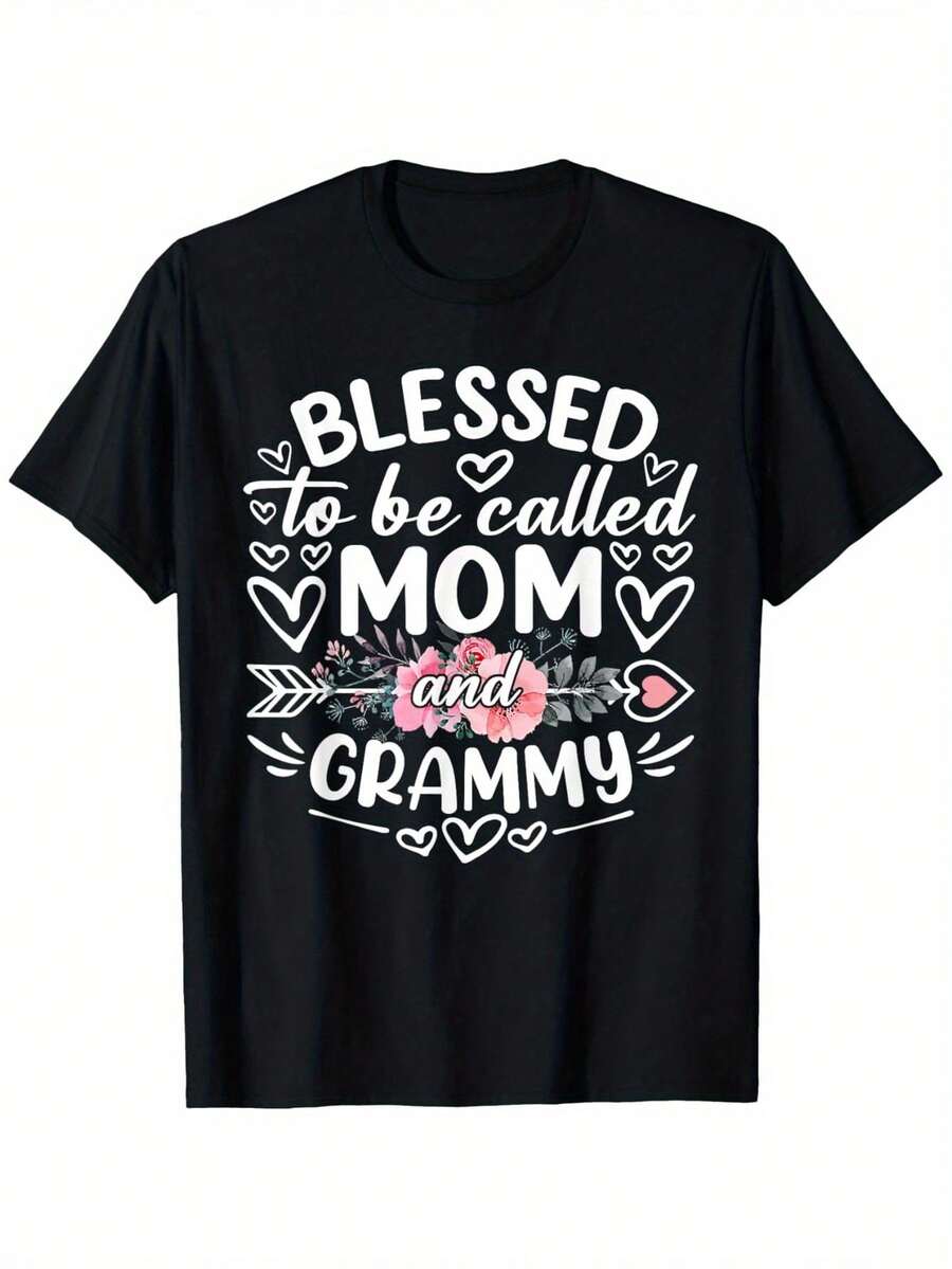 Plus Size - Plus Size - A Humorous Mother's Day T-Shirt, Celebrating Both Mothers And Grandmothers. Made From Pure, 180G Cotton, It's Breathable And Durable. The Casual Short Sleeves Have A Loose Fit And Feature Heart And Flower Designs. The Machine Was - 黑色 - 查看 1