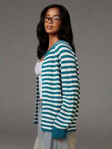 Cárdigan ligero a rayas para mujer, estilo casual para ir al trabajo, cárdigan a rayas para mujer, cárdigan de verano, cárdigan verde azulado, cárdigan blanco para otoño/invierno. - Multicolor 2 - Ver 3