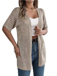 Cardigan de Malha Leve Plus Size, Frente Aberta, Manga Curta, Comprimento Médio, Semitransparente, Bainha Regular, Feminino Verão - Multicolorido - Visão 1