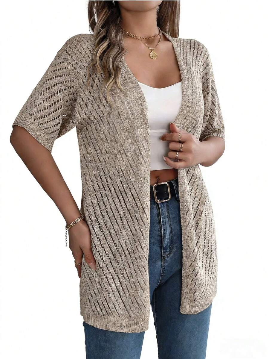 Cardigan de Malha Leve Plus Size, Frente Aberta, Manga Curta, Comprimento Médio, Semitransparente, Bainha Regular, Feminino Verão - Multicolorido - Visão 1