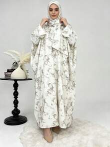 Set de 2 piezas: Hiyab + Abaya abierta, Hiyab de cárdigan con estampado floral islámico musulmán moderado de Dubai, adecuado para uso diario de mujeres, accesorios, esencial de viaje - Multicolor - Ver 3