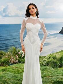 Elegant White Stand Collar Long Sleeve Sequin Patchwork Mermaid Wedding Party Dress Spring - White - View 1