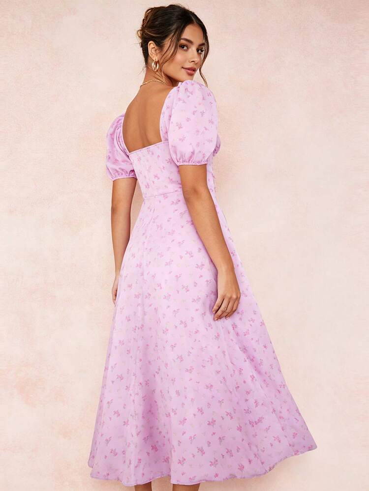 2026 Spring New Women's Clothing: Cross-Border European And American Dress, Elegant Floral Print Long Dress With Slit And Tie - 新花粉花 - 查看 10