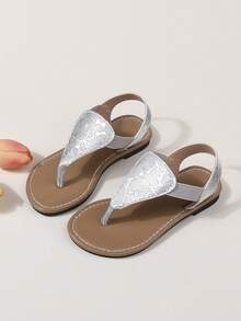1 Pair Girls' Fashion Slides, New Summer Minimalist Glossy Flat Flip Flops, Outdoor Wear Beach Sandals - Silver - View 19