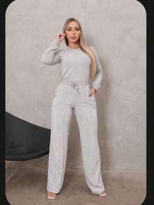 Women's Set: Wide Leg Pants And Long Sleeve Ribbed Knit Top - Premium Winter Casual Chic - 灰色 - 查看 6