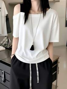 White Asymmetric Neck Short Sleeve T-Shirt For Women, Asymmetric Cold Shoulder Design, Slouchy Flattering Fit Versatile Undershirt Summer Casual - White - View 2