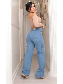 Calça Wide Leg Cargo Jeans Clara Feminina - Estilo e Conforto em Alta - Lavagem clara - Visão 4