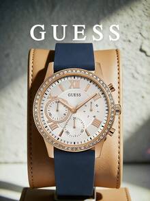 Guess Ladies Multifunction Wristwatch Navy Blue Silicone Strap Rose Gold Crystal Bezel White Dial Roman Numeral Sports Casual Fashion Watch Women Analog Quartz Watch for Work Travel Gym Office Wear Birthday Anniversary Gift Cool Chic Timepiece - 藍色 - 查看 8