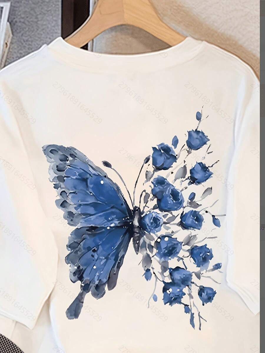 Camiseta 100% blanca de las mujeres con impresión azul y mariposa - Blusa de cuello redondo de manga corta suave transpirable para primavera verano otoño, desgaste casual y de oficina, tela cómoda lavable en máquina, trajes diarios versátiles Top 100%