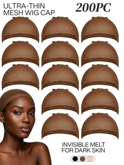 200Pcs HD Wig Caps, Skin-Like Invisible Sheer Ultra-Thin Breathable Stretchy Stocking Caps For Lace Front Wigs, Nude Bald Cap For Wig Install, Melt Down Hairline, Secure Fit For Daily Wear Salon Use