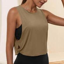 Ropa de Yoga con cuello redondo para mujer, chaleco atlético sin mangas, Top informal, Top corto ligero y holgado de Color puro - Negro - Ver 4
