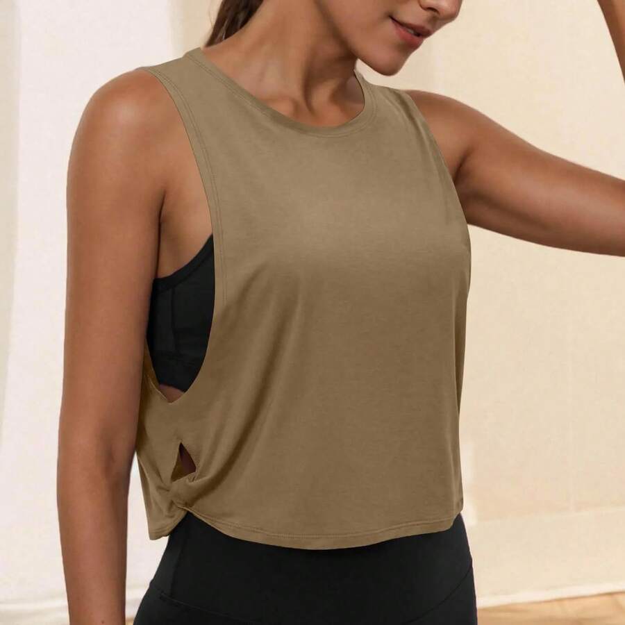 Ropa de Yoga con cuello redondo para mujer, chaleco atlético sin mangas, Top informal, Top corto ligero y holgado de Color puro - Marrón claro - Ver 1