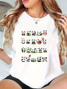 Camiseta Casual Deportiva para Mujer con Estampado de Panda Divertido - Tejido Suave y Elástico, Cuello Redondo, Lavable a Máquina, Cómoda para Todas las Estaciones, Ropa Ligera y Estilosa para Atuendo Casual o Ejercicio - Blanco - Ver 2
