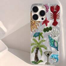 1 pieza Funda de teléfono con diseño de árbol de coco, concha marina y tortuga marina para iPhone 16 Pro Max, 15 Plus, 14, 13 Series - Multicolor - Ver 4