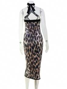 Vestido corto ajustado con estampado de leopardo y cuello colgante estilo retro - Dorado - Ver 5