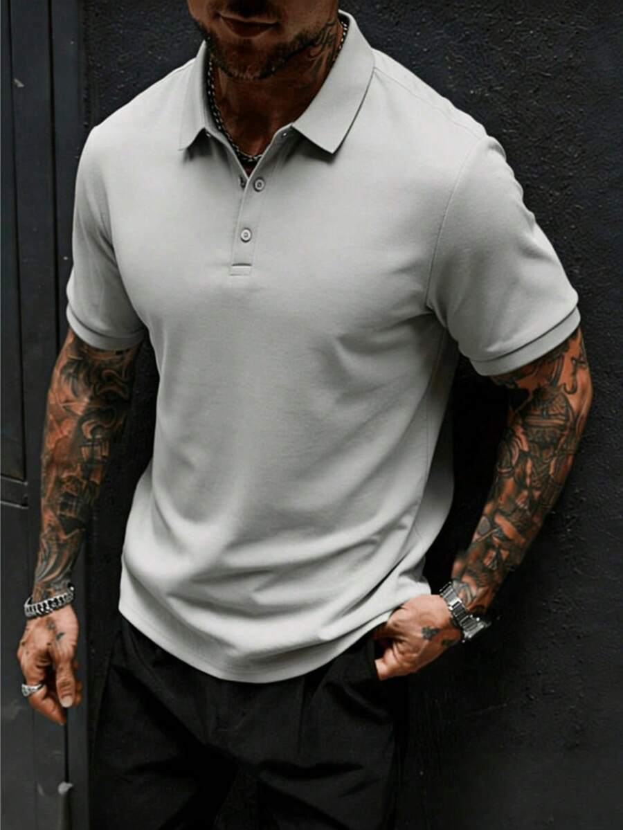 Camisa polo negra de corte slim para hombres - Tela ligera y transpirable, adecuada para uso casual, de oficina y actividades al aire libre (Apropiada para adultos jóvenes y hombres de vestimenta casual de negocios) Deportes - Gris - Ver 1