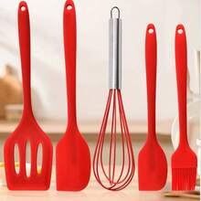 Juego de 5 piezas de utensilios de cocina de silicona que incluye cuchara, espátula, batidor, espátula pequeña y cepillo - Rojo - View 2