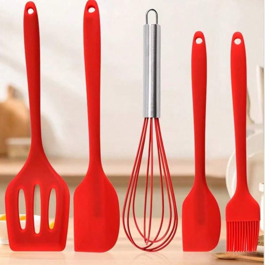 Juego de 5 piezas de utensilios de cocina de silicona que incluye cuchara, espátula, batidor, espátula pequeña y cepillo