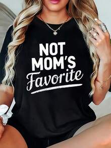 Plus Size - Plus Size - Plus Size "Not Mom's Favorite" Women's Graphic Oversized T-Shirt - Soft, Machine Washable, Loose Fit Crew Neck Casual Tee With Playful Geometric Design For Spring, Summer, And Autumn - Everyday Comfort And Durable Casual Wear - Ladies' T-Shirts - 黑色 - 查看 1