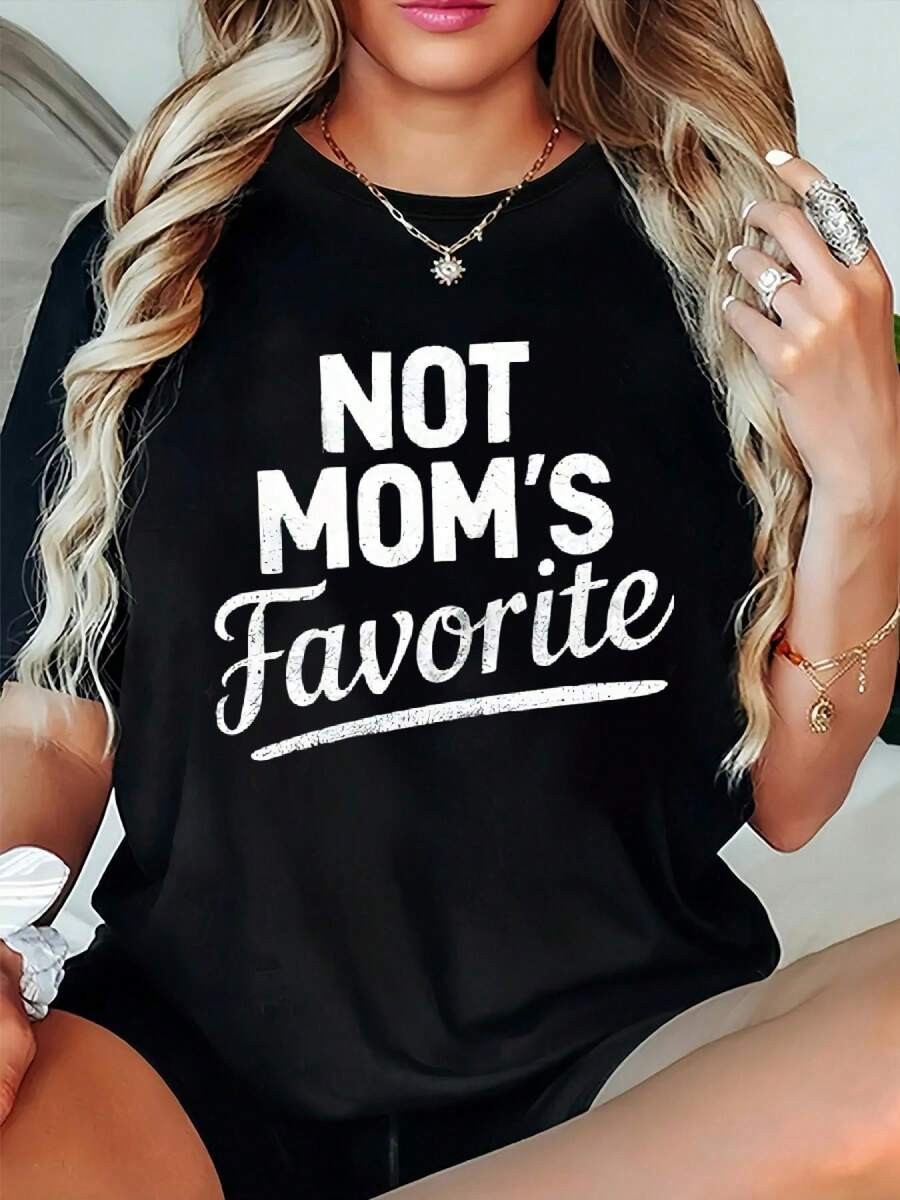 Plus Size - Plus Size - Plus Size "Not Mom's Favorite" Women's Graphic Oversized T-Shirt - Soft, Machine Washable, Loose Fit Crew Neck Casual Tee With Playful Geometric Design For Spring, Summer, And Autumn - Everyday Comfort And Durable Casual Wear - Ladies' T-Shirts - 黑色 - 查看 1
