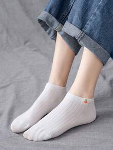 1/6 Pair [Random Delivery] Japanese Minimalist Vertical Stripe White Socks, Cute Fruit Cartoon Fabric Label Low Vamp Socks, Fresh Interesting Pattern Label, Breathable Women Short Socks, Fashion, Comfortable Material, Essential For Daily Outfit - White - View 5