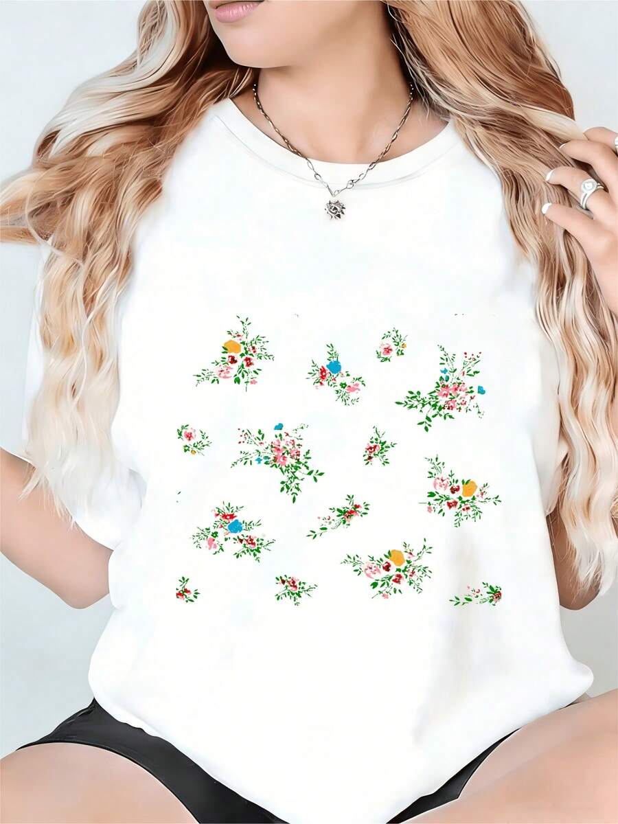 Camiseta de mujer con estampado floral blanco con cómodo cuello tripulación, perfecta para uso diario