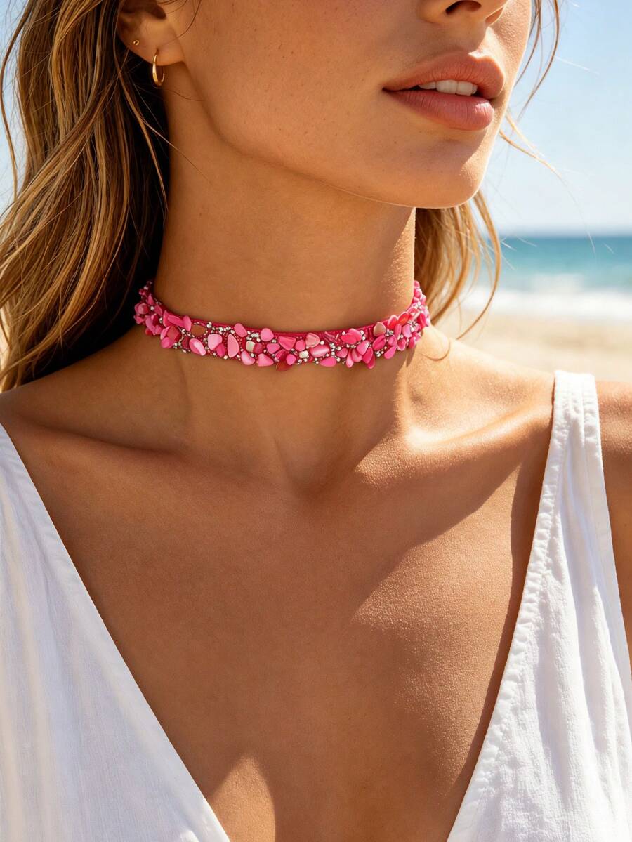 1pc Women's Niche Design Accessory, Fuchsia Colorful Stone Inlaid Rhinestone Necklace, European And American Vacation Style - Hot Pink - View 1