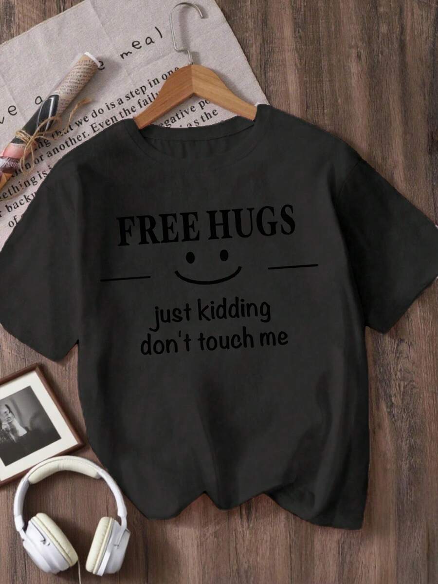 Fashionable Short-Sleeved T-Shirt With Round Neck For Girls - Black - View 1