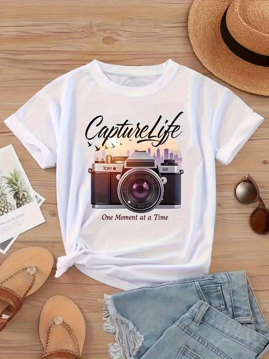 Women's Printed T-Shirt Comfortable Fashion Casual Short Sleeve Round Neck Daily Wear Top - White - View 1