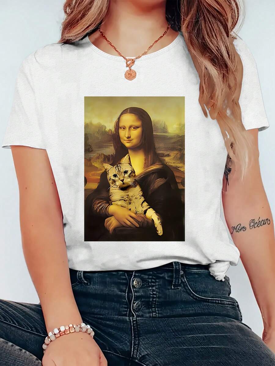 Camiseta gráfica de Mona Lisa Cat para mujer - Camiseta naranja casual con estampado inspirado en el Renacimiento, manga corta, cuello redondo para el verano, trajes de trabajo o de carrera, camiseta de trabajo | estampado renacentista | estirable