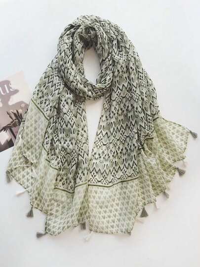 1pc Women's New Bohemian Printed Scarf, Lightweight Breathable Tassel Shawl, Elegant Style Sun Protection Beach Travel Scarf