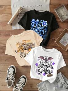 Set de 3 camisetas de mujer con transfer de tortuga floral azul, felino con hojas tropicales y letras "Dark Omens" con murciélago y estrellas moradas. - blanco+negro+hueso - Ver 1
