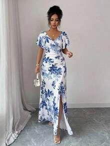 Vestido morado claro con cuello en V, mangas con volantes, cintura plisada y abertura, vestido elegante de dama de honor, vestido de fiesta, primavera/verano - Azul y blanco - Ver 4