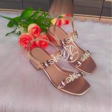 Women's Sandal With Low Block Heel, Thick, Comfortable, With Rhinestones, Casual, Women's - Copper - View 4