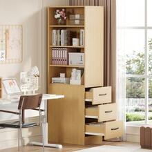 Extra-Narrow 180cm High Bookcase With Side Drawers - Adjustable Shelves, Interchangeable On The Left And Right, Ideal For Small Spaces - Sideboard, Living Room Furniture, Bookcase - 自然色 - 查看 10