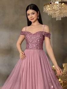 ALISA&LEO Girls' Sequin A-Line Evening Gown: Off-Shoulder Heart-Shaped Neckline, Fitted Bodice Paired With Tulle Skirt. Perfect For Prom, Wedding And Evening Party - Rusty Rose - View 4