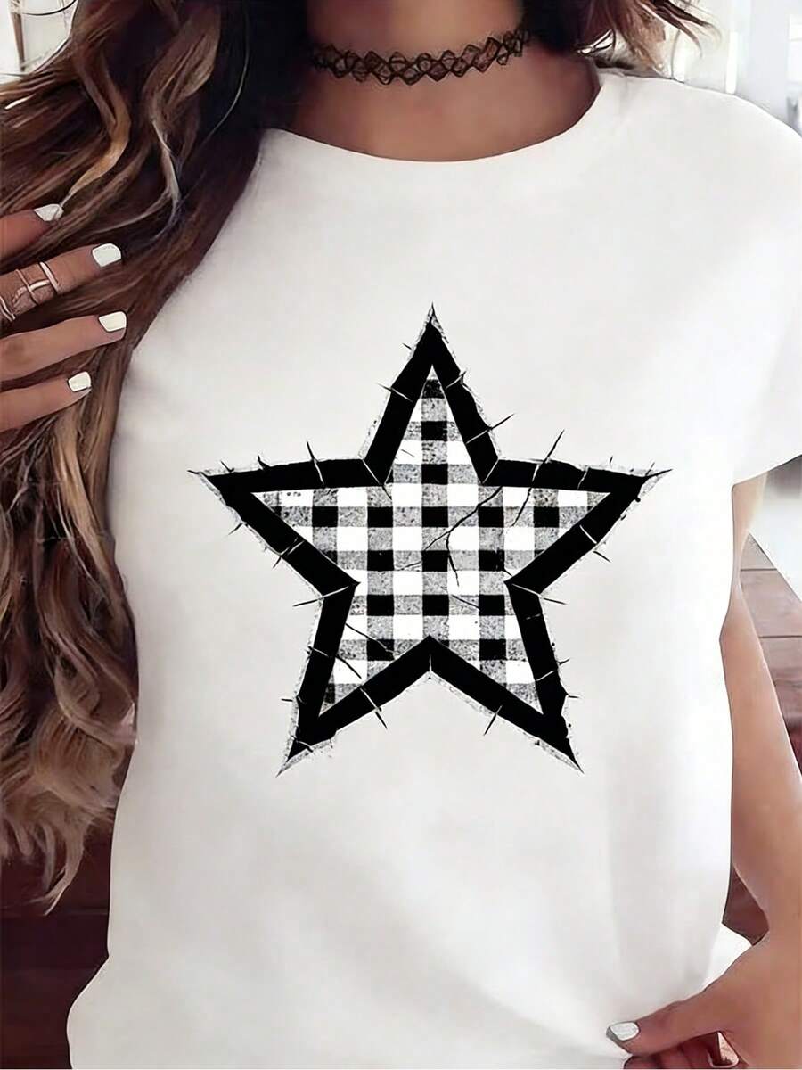 Camiseta Vintage de Cuadros y Estrellas para Mujer - Blusa Retro de Manga Corta y Cuello Redondo, Ideal para Primavera y Verano, Ropa Casual, Lavable a Máquina, Transpirable, Perfecta para el Hogar, Viajes y Regalos (Cuadros y Estrellas, No Incluido)