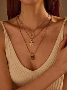 3pcs Stainless Steel Golden Yellow, Stylish And Simple, Starfish, Rose Flower, Sun Face Pendant Necklace Set, Suitable For Daily Wear Or Gift Giving - Vàng 3 - Xem 4