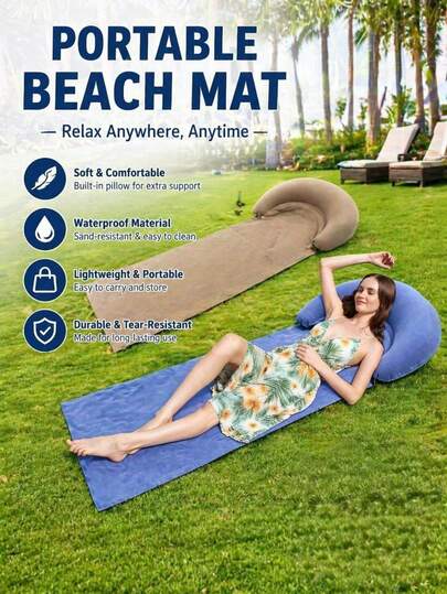 1 Set Portable Beach Mat With Inflatable Headrest, PVC Velvet Fabric, Sand & Water Resistant, Foldable & Lightweight, Bohemian Style Outdoor Leisure Mat, Suitable For Camping, Picnic, Sunbathing, Pool Party, Summer Beach And Backyard Entertainment