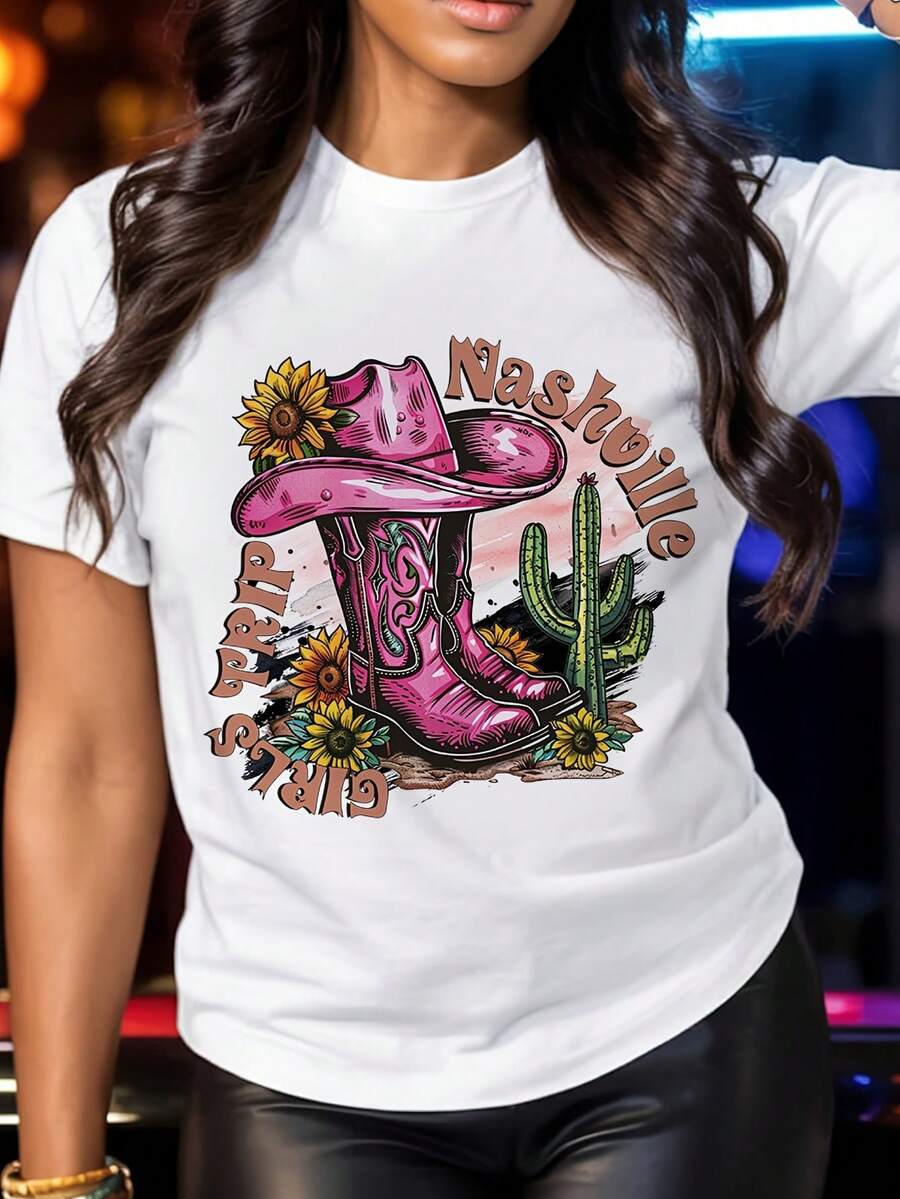 Tamaño más, camiseta gráfica de la ciudad de la música de Nashville blanca de las mujeres - botas de vaquera y diseño de guitarra con letras YEEHAW, camiseta casual de cuello redondo suave para todo el uso de temporada, regalo de fans de música de país