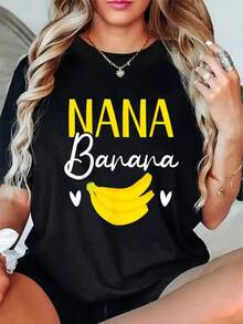 Women's Plus Size Nana And Banana Pattern Print T-Shirt 210g, Casual Sportswear Crew Neck Loose Fit Tee, Fun Yellow Banana And Heart Design, Suitable For All Seasons, Playful Pattern Tee - Black - View 1