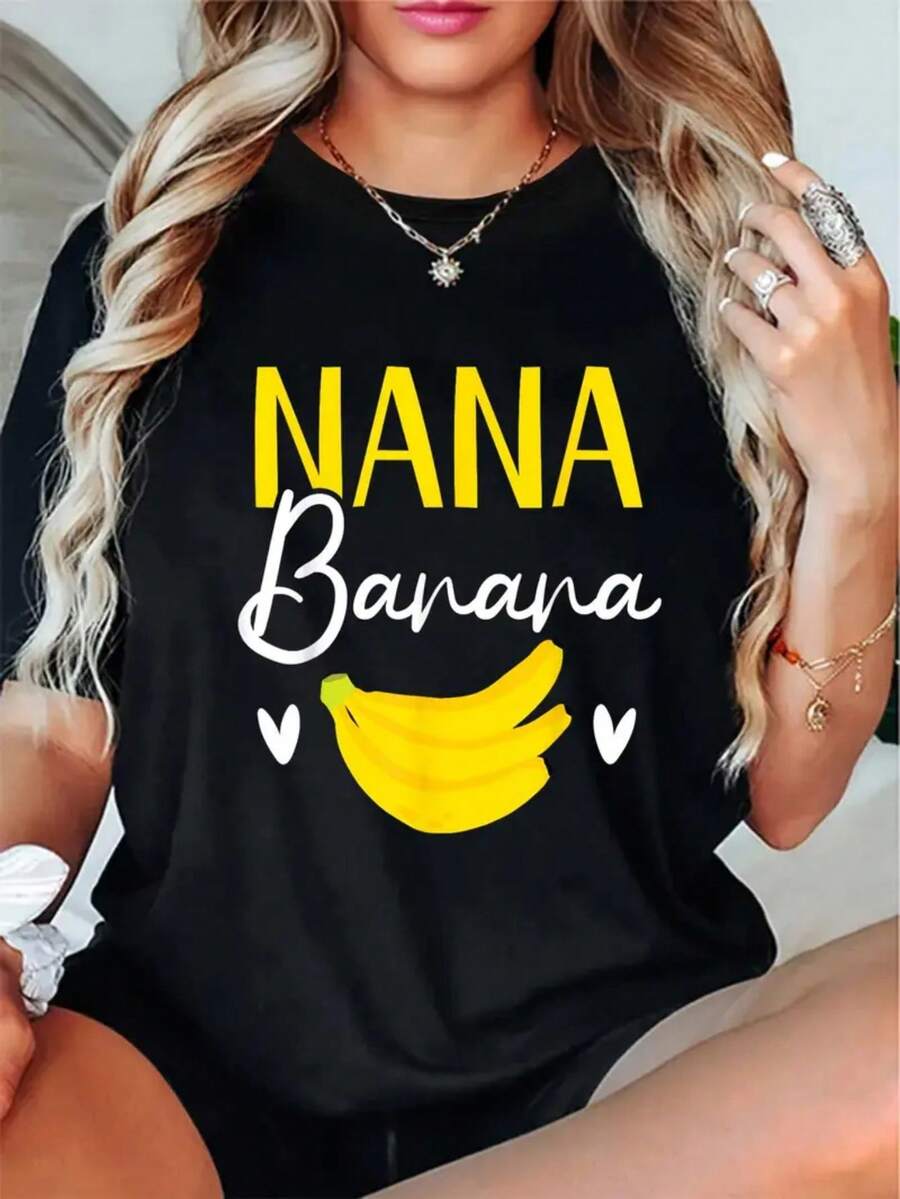 Women's Plus Size Nana And Banana Pattern Print T-Shirt 210g, Casual Sportswear Crew Neck Loose Fit Tee, Fun Yellow Banana And Heart Design, Suitable For All Seasons, Playful Pattern Tee - Black - View 1