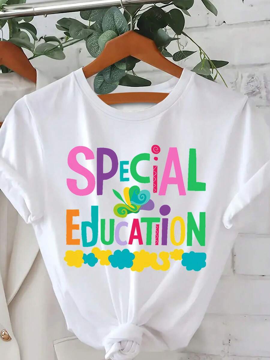 Transferencia de calor de la mujer moda casual educación especial impresa manga corta cuello redondo otoño invierno camiseta