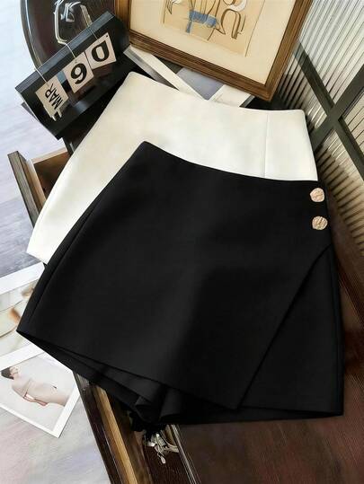 Freeform Spring Black Skirt, Women's Fashion Minimalist Business Casual Commute Elegant Warm High-End Versatile Slimming Lady Retro Korean Style Black High Waist Skirt With Button Decor, Non-Stretch Fabric