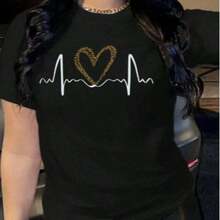 Short-Sleeved T-Shirt With Heart Print - 黑色 - 查看 1